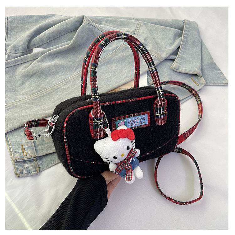 Winter hand carry plush contrasting color plaid small square bag 2024 new fashion casual foreign style literary fluff shoulder bag