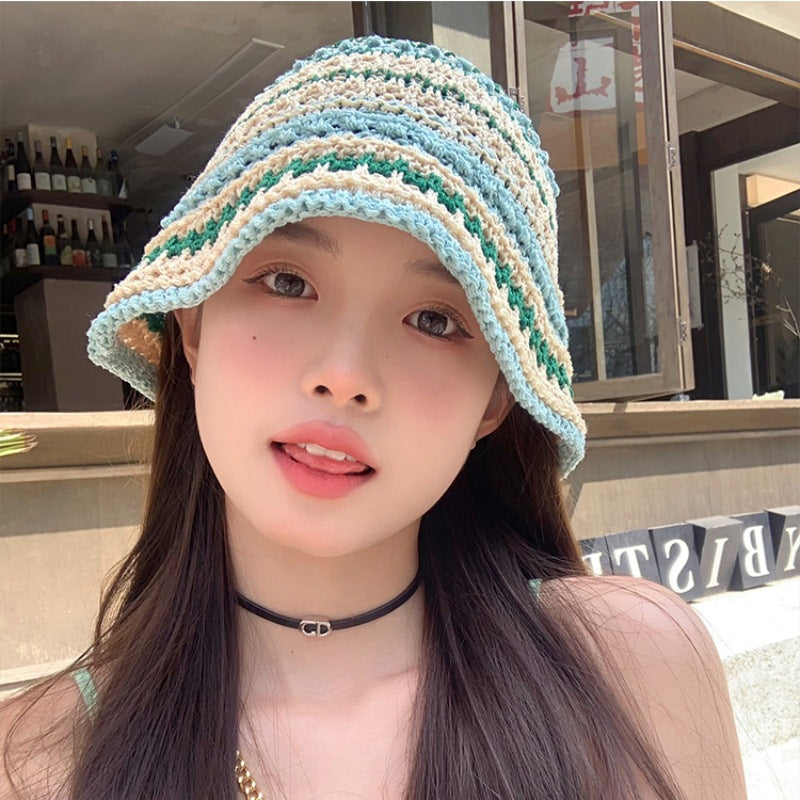 Color straw bucket hat women's summer Japanese face small versatile straw hat beach sunshade sun hat tide