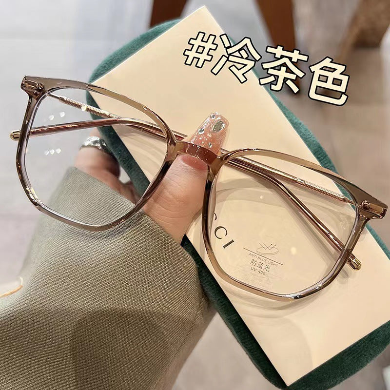 2022 new cold brown glasses large frame personalized plain flat glasses women's Korean version TR90 anti-blue glasses