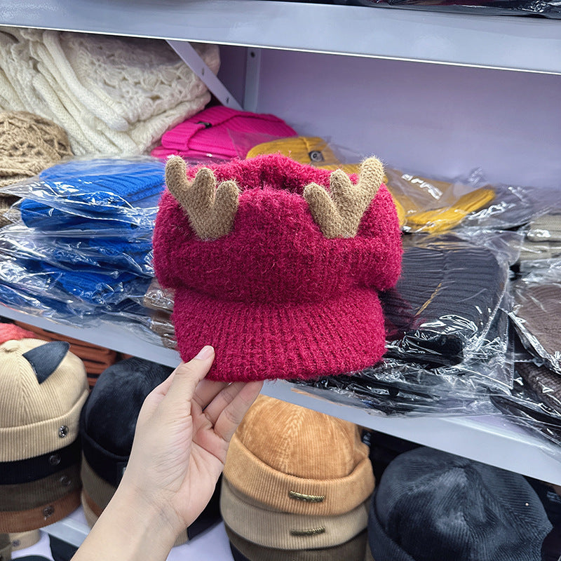 Wholesale Korea 2024 new Christmas elk horn knitted hat children autumn and winter Korean version warm empty top cap