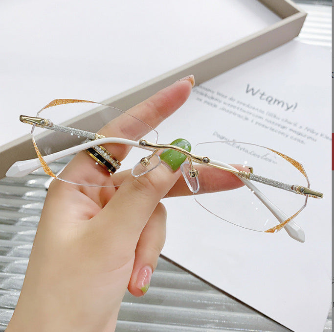 Women's Douyin Internet celebrity diamond trimmed frameless punched anti-blue reading glasses flat glasses finished myopia glasses