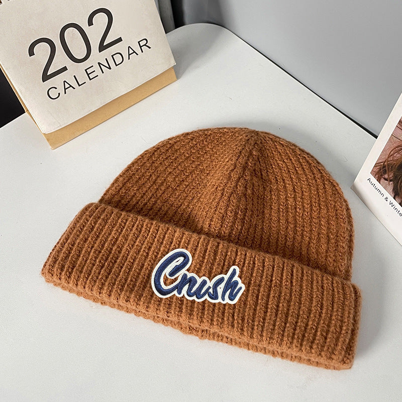 Winter letter labeling wool hat women's autumn and winter versatile warm Japanese knitted hat showing small face and ear protection cold hat man