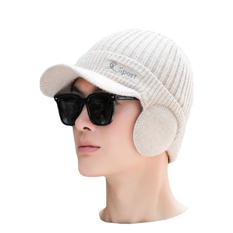 Winter Men's Duck Tongue Ear Cap Fleece Thick Warm Pullover Hat Youth Outdoor Riding Knitted Wool Hat Ski Cap