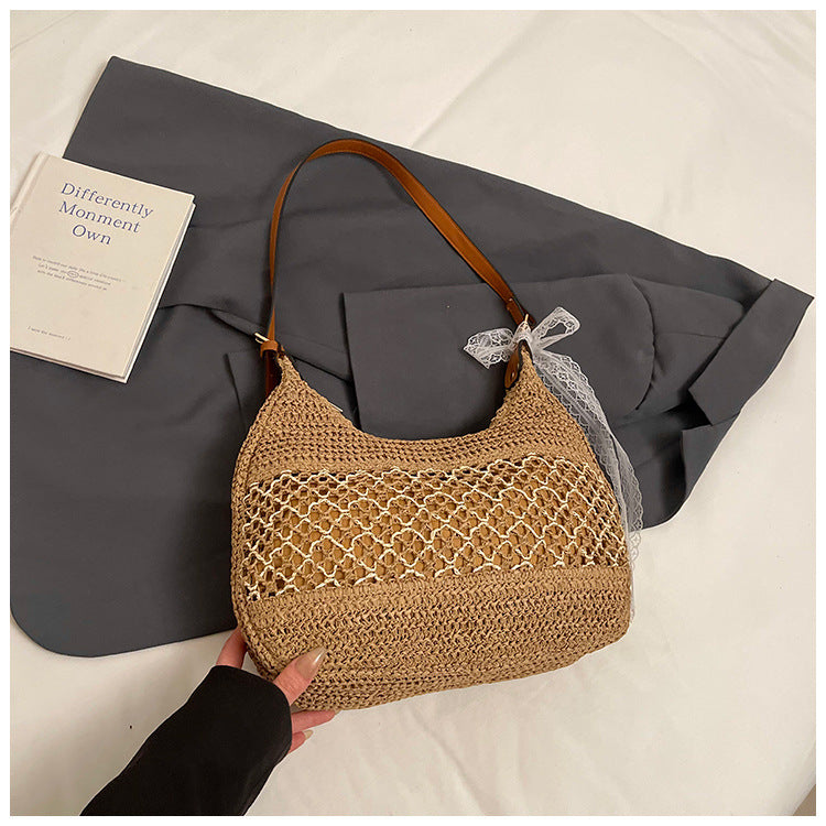 Woven bag women's 2025 spring new fashionable large-capacity beach bag casual simple commuter retro messenger bag