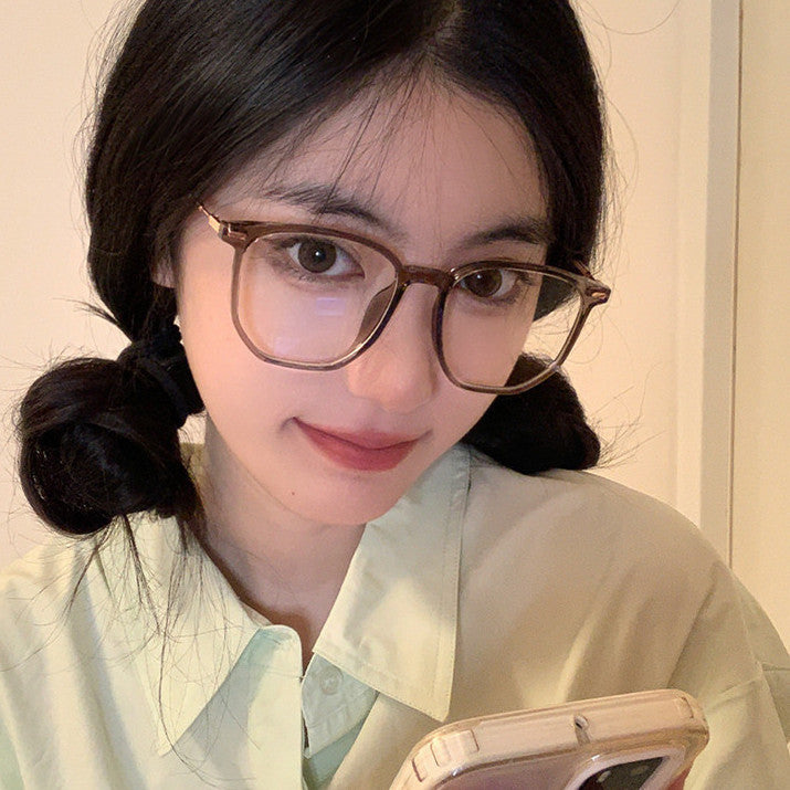 Xiaohongshu cold brown anti-blue flat mirror women's pure plain face and thin can be matched with degree myopia glasses frame
