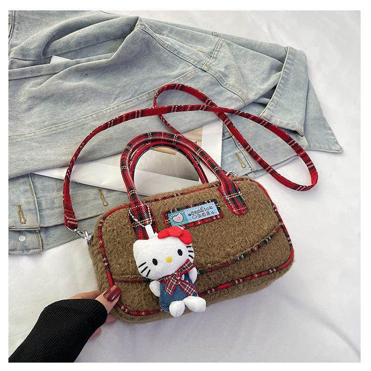 Winter hand carry plush contrasting color plaid small square bag 2024 new fashion casual foreign style literary fluff shoulder bag