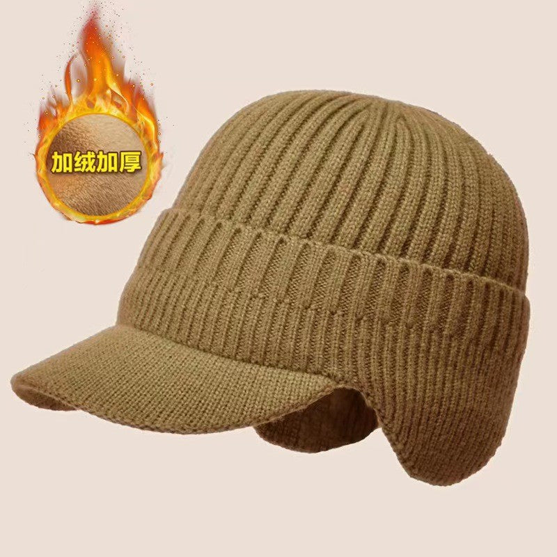Winter Men's Duck Tongue Ear Cap Fleece Thick Warm Pullover Hat Youth Outdoor Riding Knitted Wool Hat Ski Cap