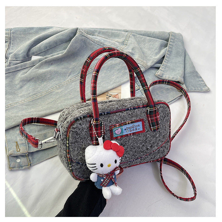 Winter hand carry plush contrasting color plaid small square bag 2024 new fashion casual foreign style literary fluff shoulder bag