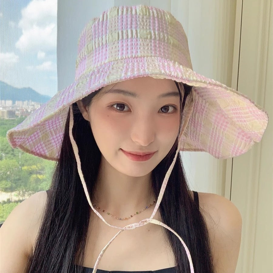 Zhao Ruth same sun hat women's 2024 new anti-ultraviolet large brim plaid bucket hat outdoor sun protection hat