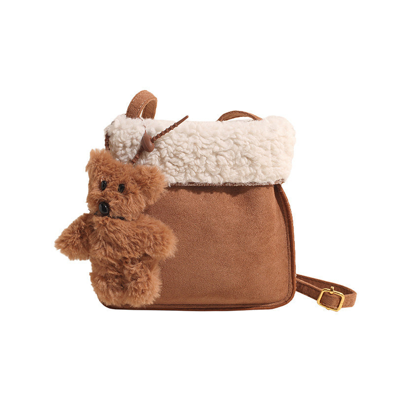 Wool lamb shoulder bag women's bag retro leather velvet messenger bag 2024 autumn and winter new sweet wind atmosphere plush bag