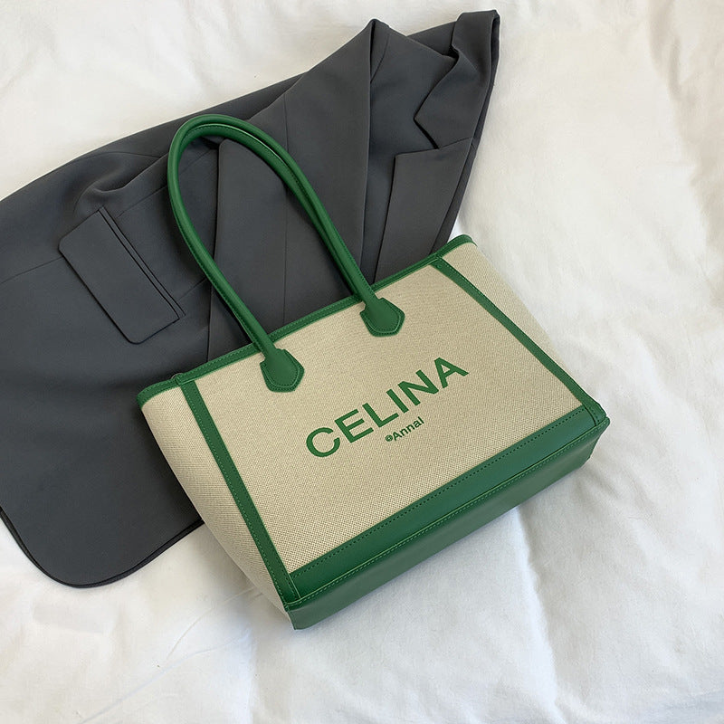 College students class alphabet canvas bag women's 2025 spring new trendy simple large-capacity shoulder bag tote bag