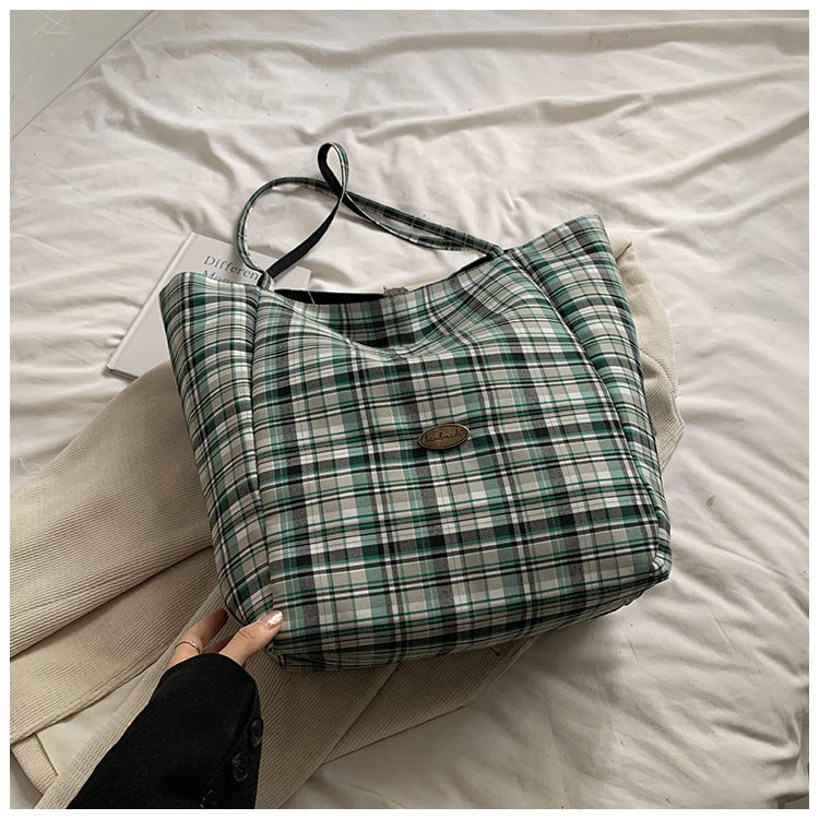 College student canvas bag women's 2024 autumn new fashion plaid large-capacity shoulder bag commuter tote bag