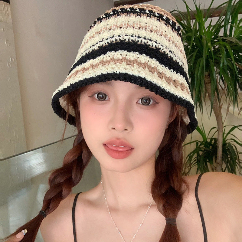 Color straw bucket hat women's summer Japanese face small versatile straw hat beach sunshade sun hat tide