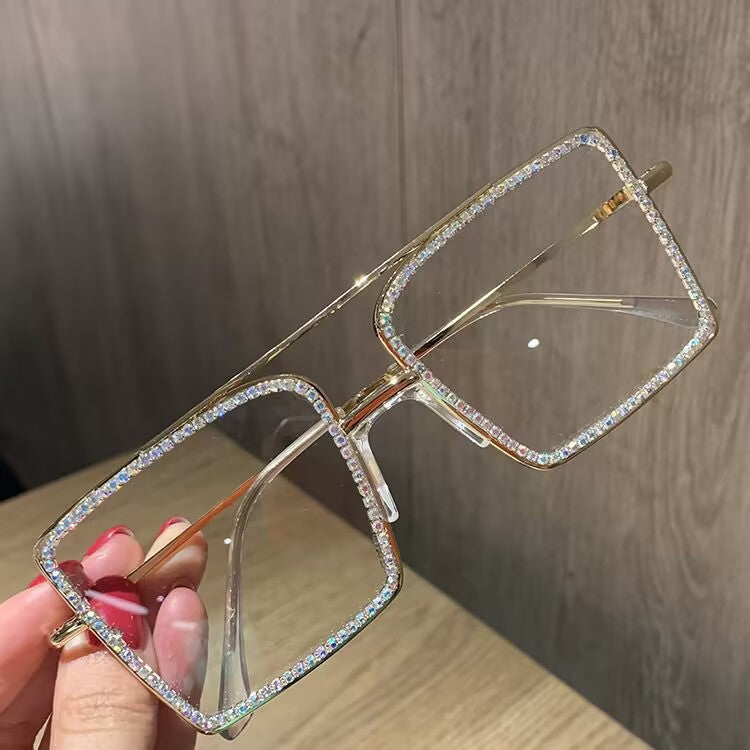 2023 fashion versatile models, large square diamond-encrusted sunglasses, Korean version, handmade diamond-encrusted flat glasses, European and American metal frames