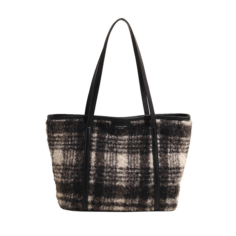 Woolen plaid single shoulder women's bag 2024 autumn and winter new niche versatile underarm large-capacity textured tote bag