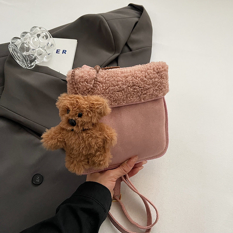 Wool lamb shoulder bag women's bag retro leather velvet messenger bag 2024 autumn and winter new sweet wind atmosphere plush bag