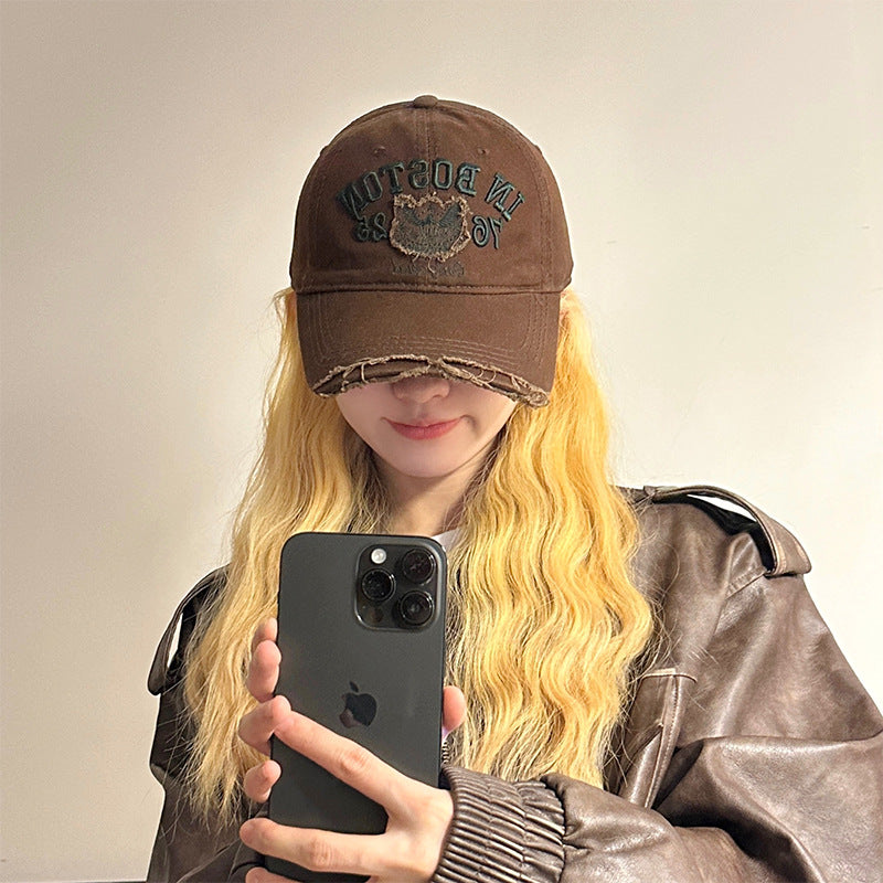 Women's Casual Fashion Ripped Letter Embroidery Cap Korean Version Versatile Soft Top Baseball Cap Sunscreen Sun Hat Tide