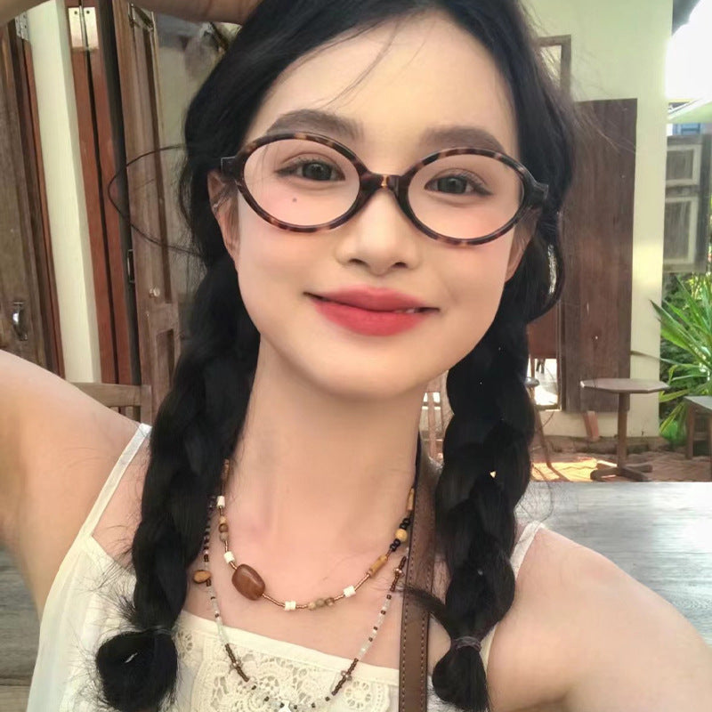 Xiaohongshu same book glasses nerd glasses oval small frame retro myopia glasses leopard print Korean plain flat glasses