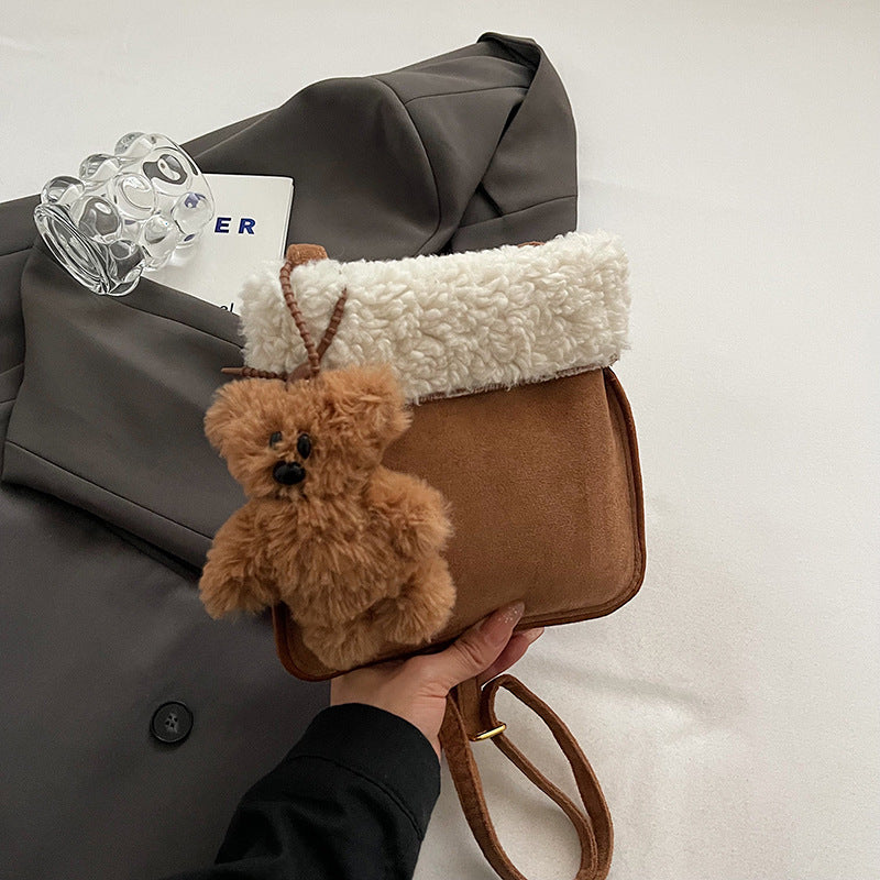 Wool lamb shoulder bag women's bag retro leather velvet messenger bag 2024 autumn and winter new sweet wind atmosphere plush bag