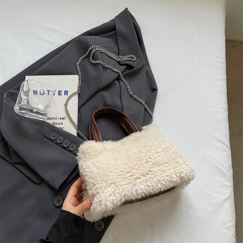 Winter large-capacity plush bag women's 2024 new women's bag simple and fashionable shoulder bag plush small square bag