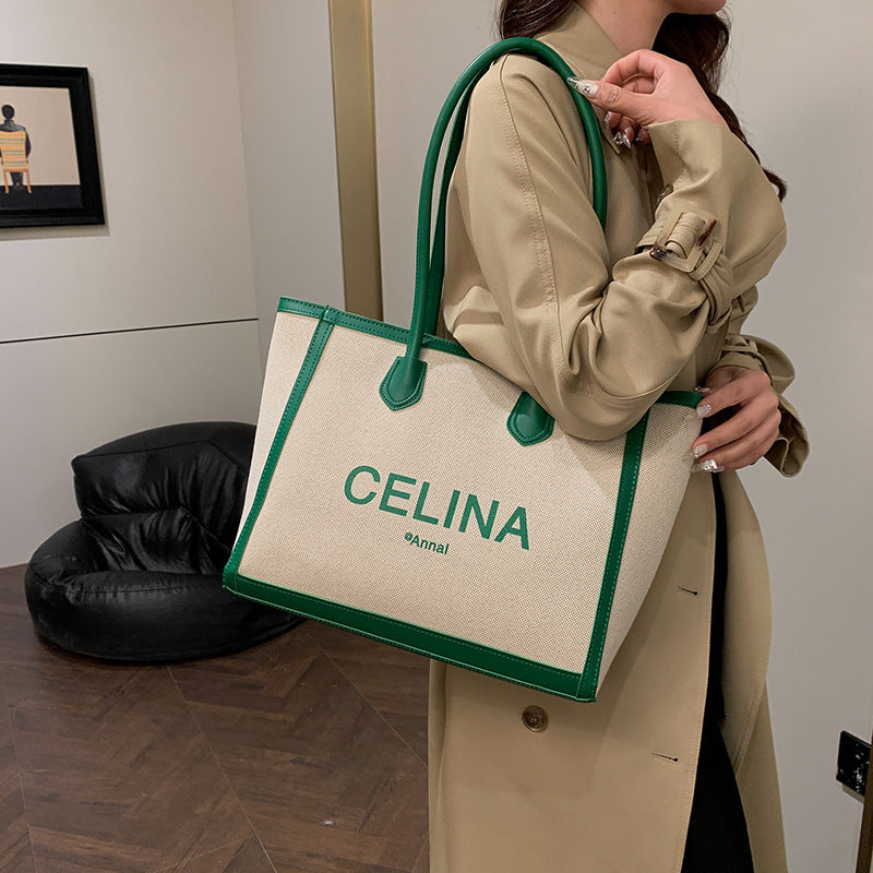 College students class alphabet canvas bag women's 2025 spring new trendy simple large-capacity shoulder bag tote bag