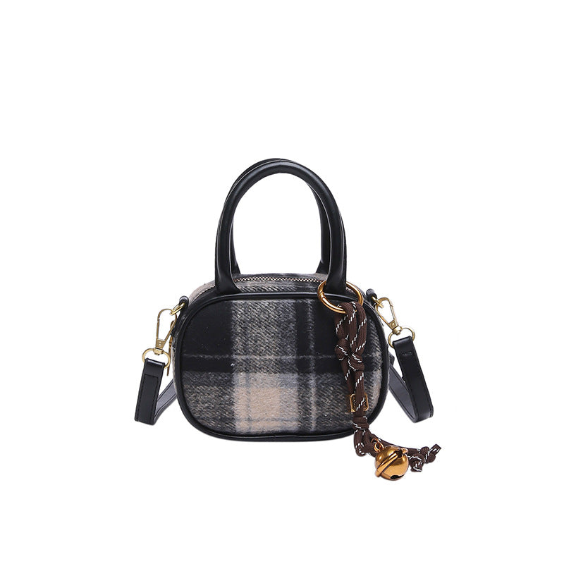 Woolen plaid bowling bag women's bag winter new shoulder messenger bag contrasting color retro style portable small square bag