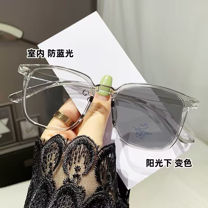 2023 new Internet celebrity large frame color-changing glasses high definition color-changing myopia couple plain wear anti-blue glasses