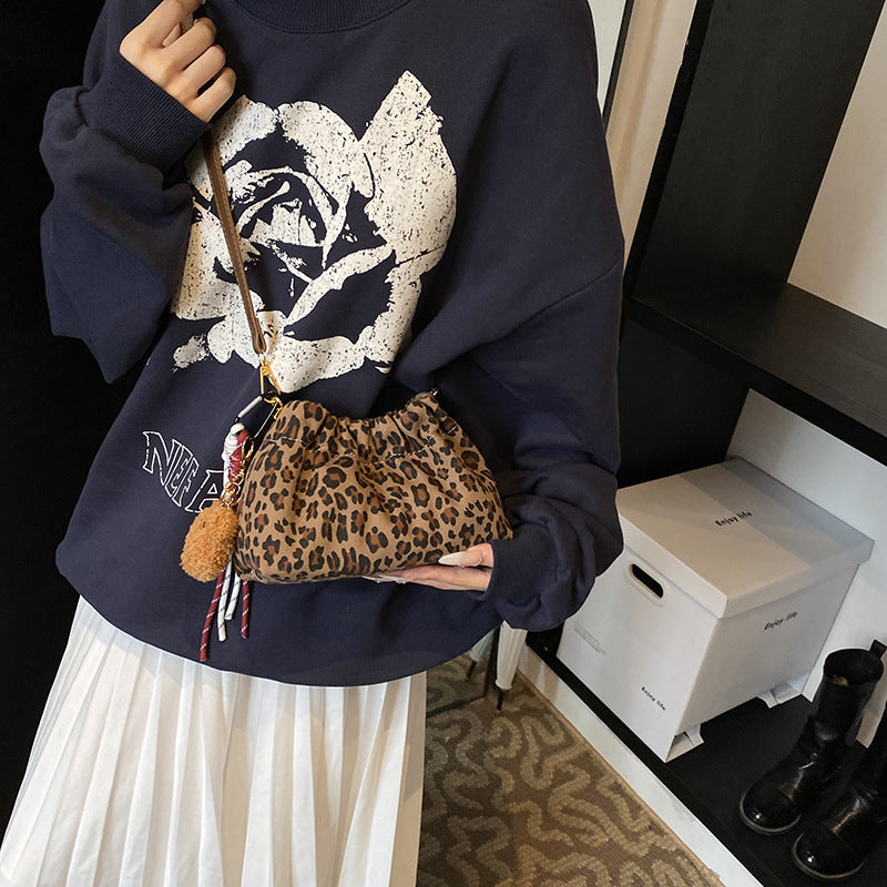 Women's bag fashion leopard print women's bucket bag 2024 autumn new drawstring lucky bag bag chain shoulder messenger bag