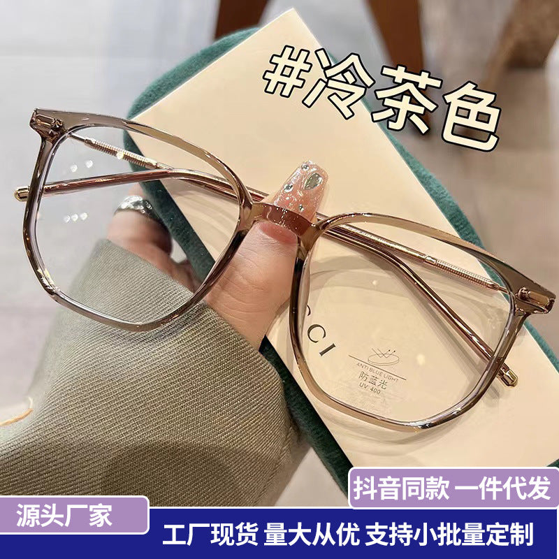2022 new cold brown glasses large frame personalized plain flat glasses women's Korean version TR90 anti-blue glasses