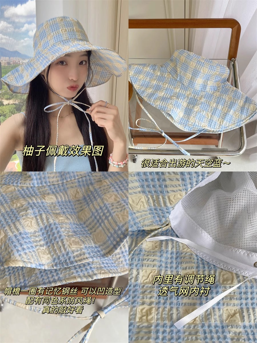 Zhao Ruth same sun hat women's 2024 new anti-ultraviolet large brim plaid bucket hat outdoor sun protection hat