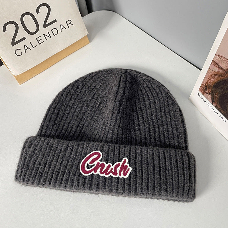 Winter letter labeling wool hat women's autumn and winter versatile warm Japanese knitted hat showing small face and ear protection cold hat man