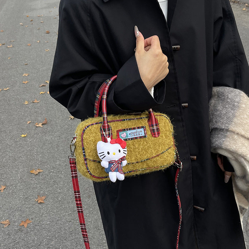Winter hand carry plush contrasting color plaid small square bag 2024 new fashion casual foreign style literary fluff shoulder bag