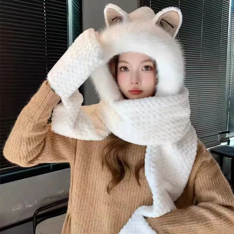 Winter female cartoon bear warm ear hair fluff hat cycling cold scarf integrated neck protection thick knitted hat