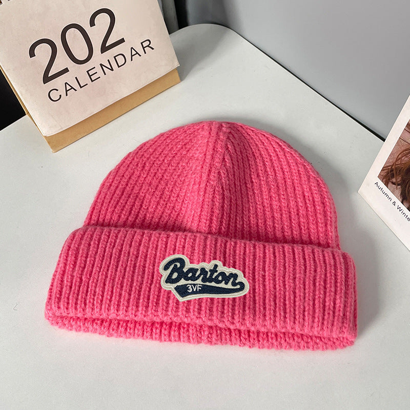 Winter letter labeling wool hat women's autumn and winter versatile warm Japanese knitted hat showing small face and ear protection cold hat man