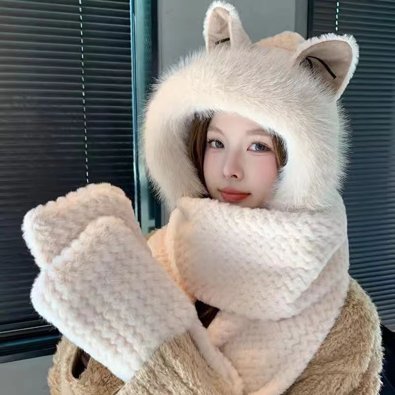 Winter female cartoon bear warm ear hair fluff hat cycling cold scarf integrated neck protection thick knitted hat