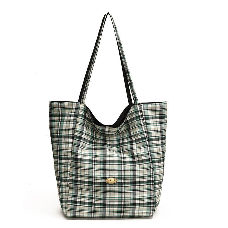 College student canvas bag women's 2024 autumn new fashion plaid large-capacity shoulder bag commuter tote bag
