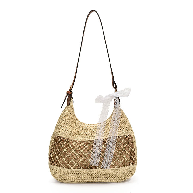 Woven bag women's 2025 spring new fashionable large-capacity beach bag casual simple commuter retro messenger bag