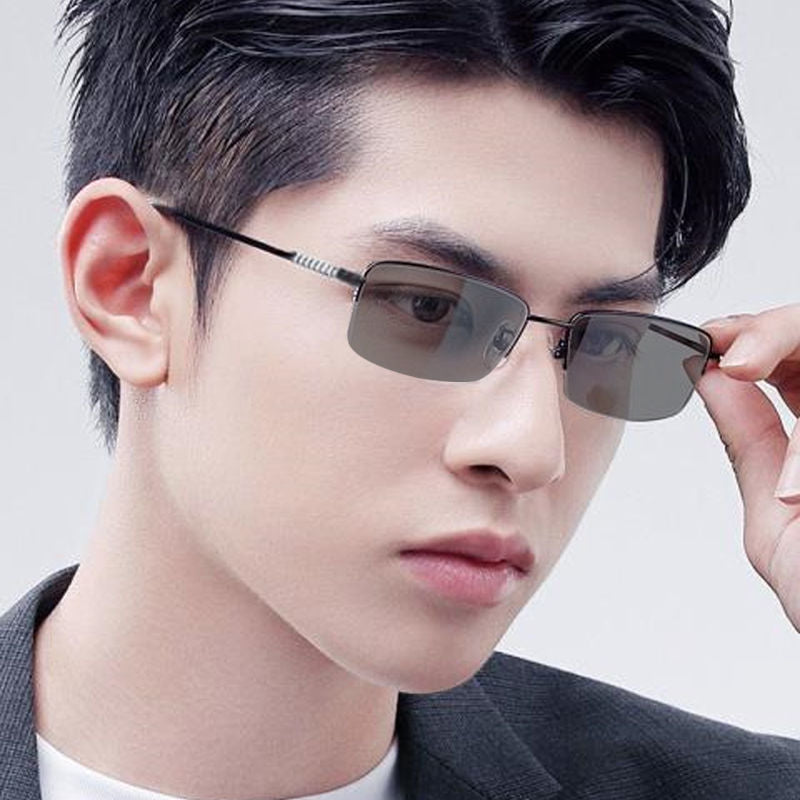 Color-changing myopia glasses men's UV protection optics handsome big face half frame ultra-light no degree eye protection frame tide
