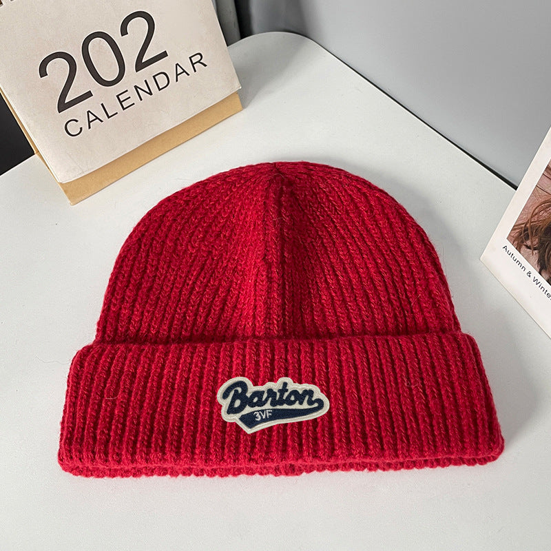 Winter letter labeling wool hat women's autumn and winter versatile warm Japanese knitted hat showing small face and ear protection cold hat man