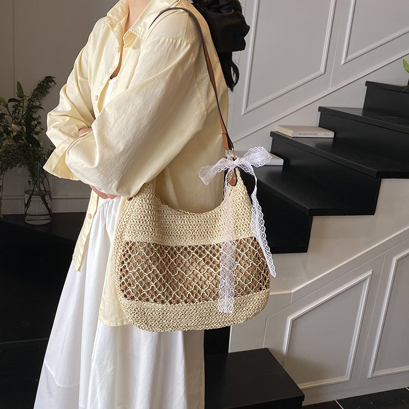 Woven bag women's 2025 spring new fashionable large-capacity beach bag casual simple commuter retro messenger bag