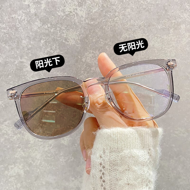 Color-changing glasses women's myopia glasses flat glasses optical anti-blue light automatic photosensitive flat sunglasses large round frame men