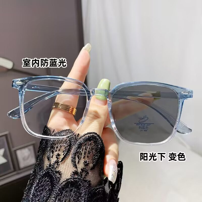 2023 new Internet celebrity large frame color-changing glasses high definition color-changing myopia couple plain wear anti-blue glasses
