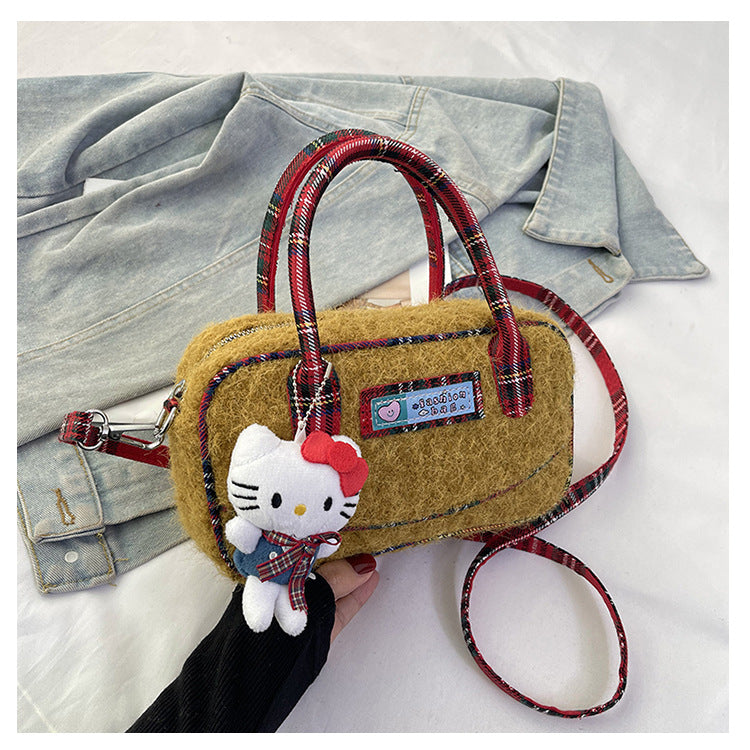 Winter hand carry plush contrasting color plaid small square bag 2024 new fashion casual foreign style literary fluff shoulder bag