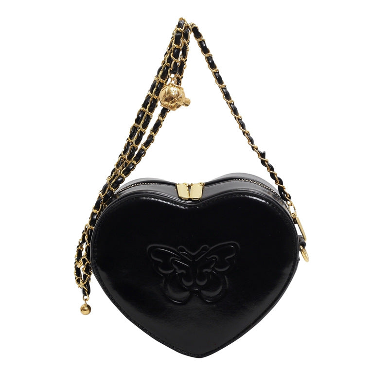 Women's bag new solid color PU heart-shaped fashion butterfly printing trend love bag niche design chain messenger bag