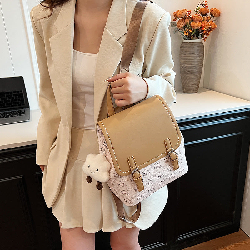 Women's bag 2024 summer new contrasting color lychee pattern casual large capacity foreign style cute pendant fashionable backpack
