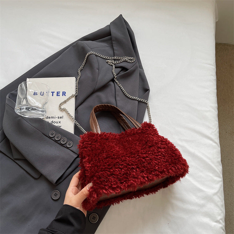 Winter large-capacity plush bag women's 2024 new women's bag simple and fashionable shoulder bag plush small square bag