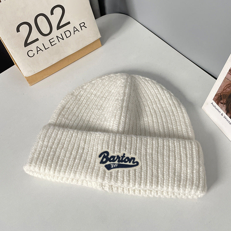 Winter letter labeling wool hat women's autumn and winter versatile warm Japanese knitted hat showing small face and ear protection cold hat man