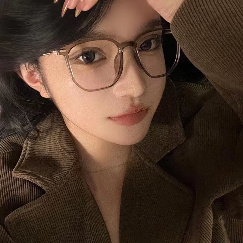 Xiaohongshu cold brown anti-blue flat mirror women's pure plain face and thin can be matched with degree myopia glasses frame