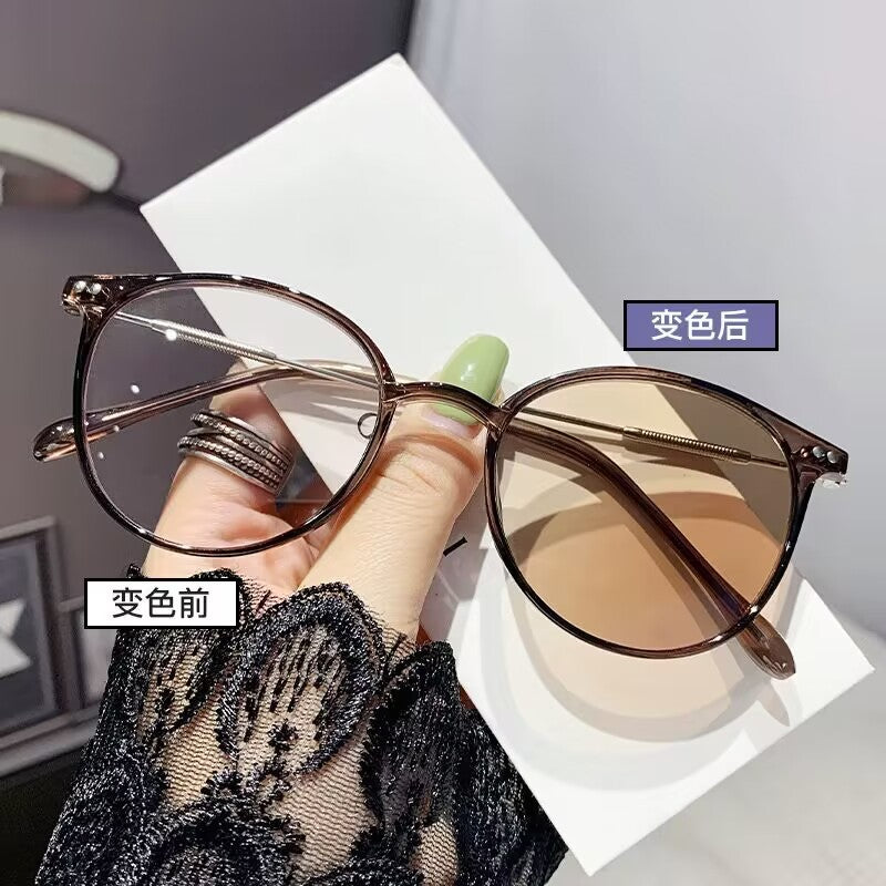 2023 new pc plus metal material advanced sense tea frame color-changing glasses high definition color-changing myopia glasses couple models