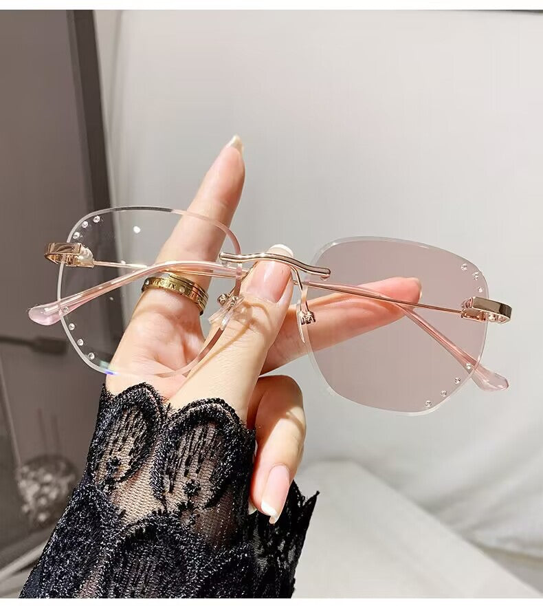 2023 fashion trendy frameless trimmed anti-blue light color-changing glasses Xiaohongshu same point drill high definition myopia glasses